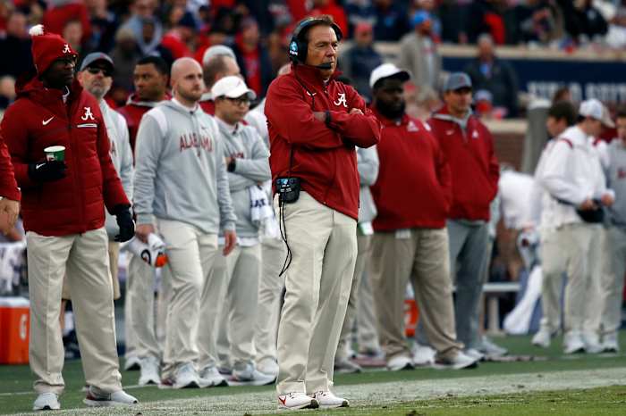 Nov 12, 2022; Oxford, Mississippi, USA; Alabama Crimson Tide Head Coach Nick Saban watches during the first half against the Mississippi Rebels at Vaught-Hemingway Stadium.